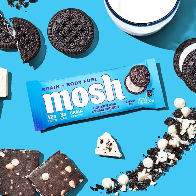 MOSH Cookies and Cream Crunch Bars, 12g Grass-Fed Protein, Keto Snack, Gluten-Free, No Added Sugar, Lion's Mane, B12 Vitamins, Supports Brain Health, Workout Recovery, Breakfast To-Go (12 Bars)…