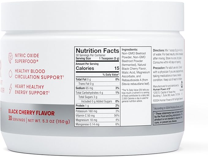 humanN SuperBeets Beet Root Powder - Nitric Oxide Supplement for Heart Health, Circulation & Blood Pressure Support - Non-GMO Superfood, Beetroot Powder Black Cherry, 30 Servings