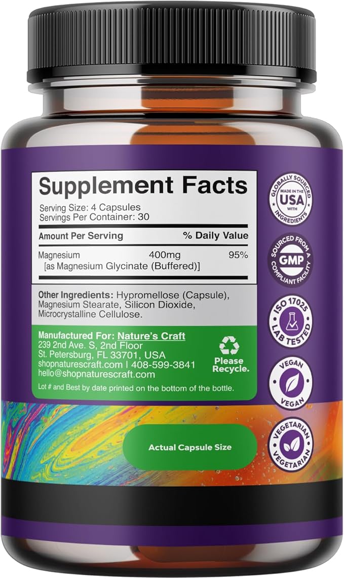 Pure Magnesium Glycinate 400mg Per Serving - Vegan High Absorption Chelated Magnesium Capsules for Women & Men with Elemental Magnesium 400mg for Mood Sleep and Relaxation Support - 30 Servings