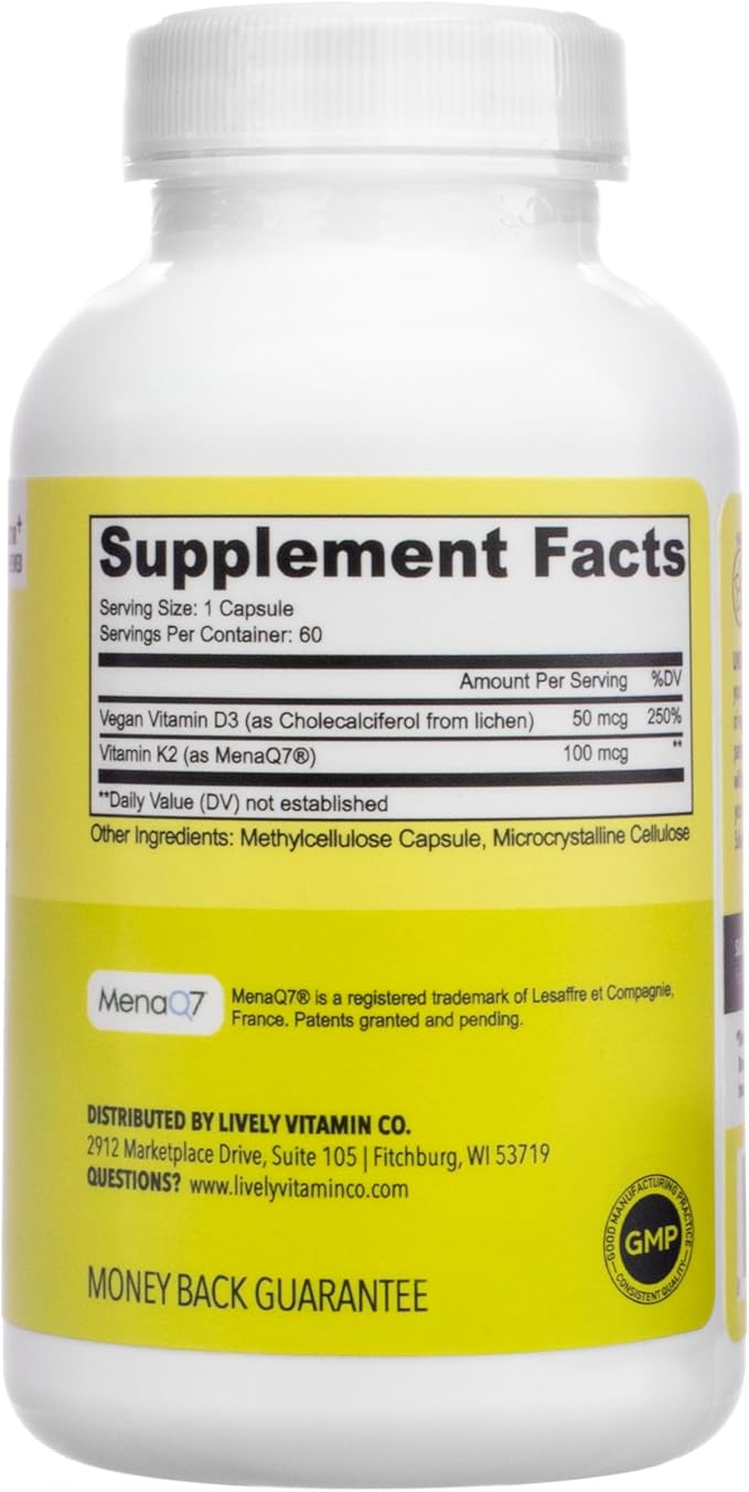 LIVELY VITAMIN CO. Solar Power Vitamin D3 2000 iu - Patented Vitamin K - MK7 - Immune Balance - Brain Function - Mood - Heart - Stress - 60 Count