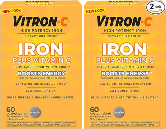 Vitron-C Iron Supplement, Once Daily, High Potency Iron Plus Vitamin C, Support Red Blood Cell Production, Dye Free Tablets, 60 Count, 2 Pack