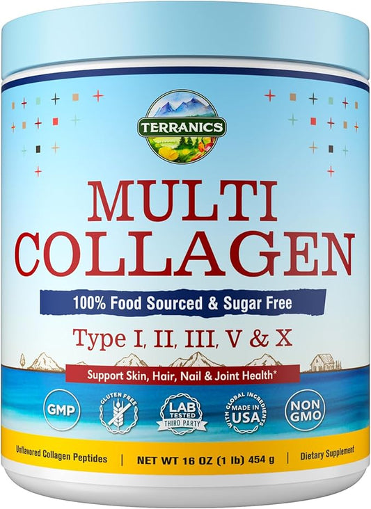 Terranics Multi Collagen Peptides Powder, Type I II III V X Hydrolyzed Collagen for Women+Men, Collagen Supplements for Skin Nail Hair & Joint, Fast Dissolve, Unflavored Colageno, No Sugar, Keto, 16oz