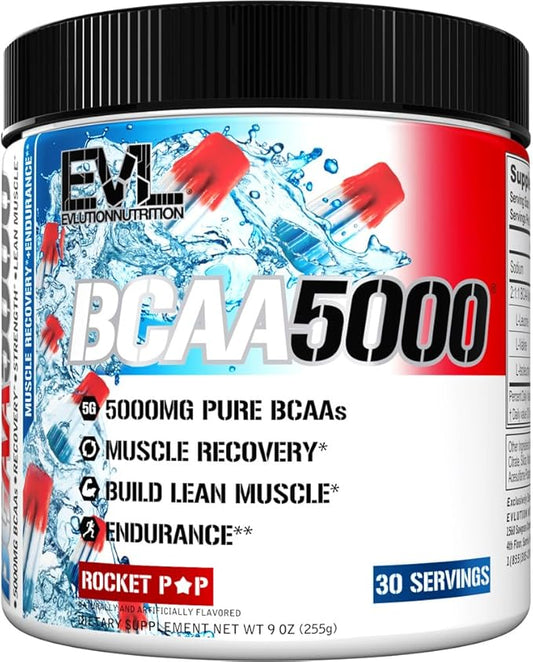 Evlution EVL BCAAs Amino Acids Powder - BCAA Powder Post Workout Recovery Drink and Stim Free Pre Workout Energy Drink Powder - 5g Branched Chain Amino Acids Supplement for Men - Rocket Pop