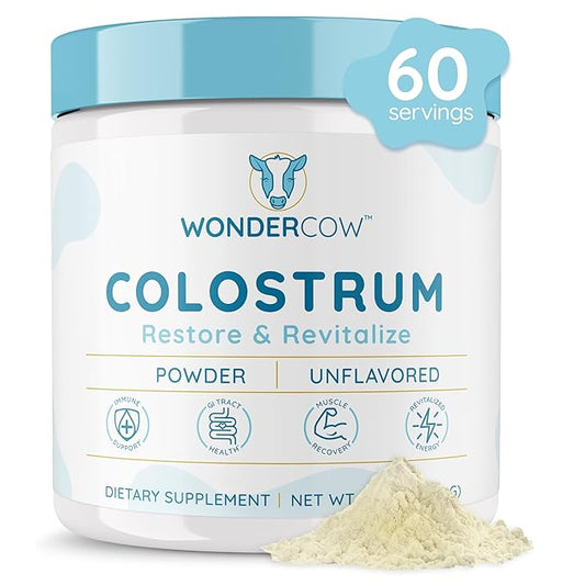 WONDERCOW Colostrum Supplement Powder for Gut Health, Immune Support, Muscle Recovery & Wellness | Natural IgG Pure Whole Bovine Colostrum Superfood, Unflavored, 60 Servings
