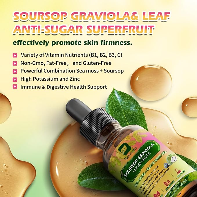 Soursop Bitters Liquid Drops with Irish Sea Moss, Black Seed oil, Soursop Graviola Leaves Extract - Soursop Multivitamin Complex Supports Antioxidant, Slowing Cell-Aging, Gut Cleanse, Detox & Immunity