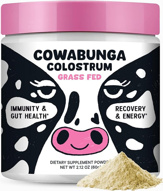 Cowabunga Colostrum - Premium, Pure & Unaltered Colostrum Powder Supplement - for Immune Support, Gut Health, Muscle Recovery & Wellness with Supergut - Kosher & Halal Certified Calostro