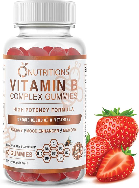 O NUTRITIONS Vitamin B Complex Vegan Gummies with Vitamin B12, B7 as Biotin, B6, B3 as Niacin, B5, B6, B8, B9 as Folate for Stress, Energy and Healthy Immune System (1 Pack -Sugar Free)