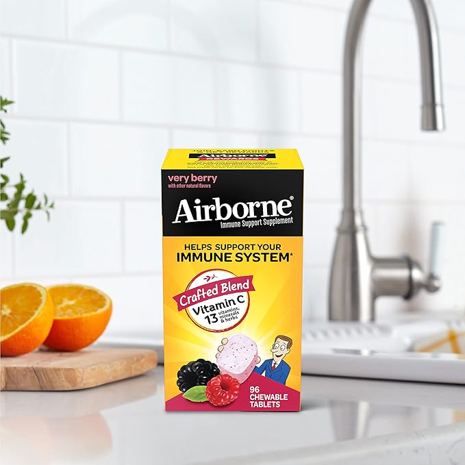 Airborne 1000mg Vitamin C Chewable Tablets with Zinc, Immune Support Supplement with Powerful Antioxidants Vitamins A C & E - 96 Chewable Tablets, Very Berry Flavor