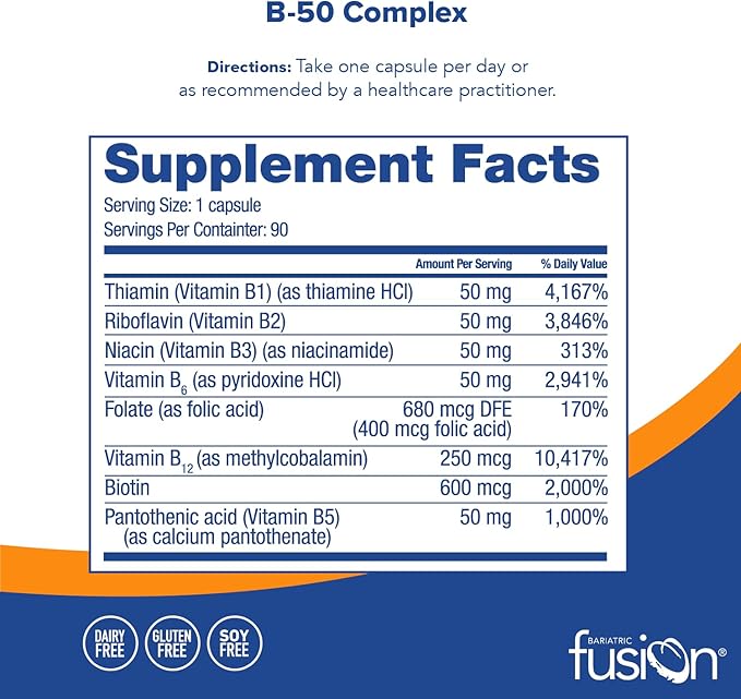 Bariatric Fusion Vitamin B-50 Complex | Vegan B Complex Vitamins for Women and Men | Easy to Swallow Vitamin B Complex Capsule | 8 B Vitamins Including Vitamin B12 | 90 Count | 3 Month Supply