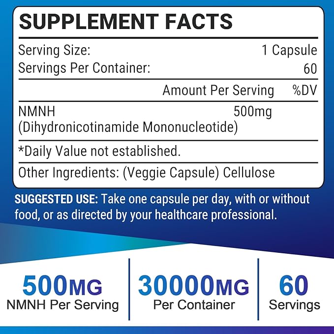 NMNH (Dihydronicotinamide Mononucleotide), 500mg per Serving NAD Supplement to Boost NAD+ Levels as We Age (May Be More Effective Than Nicotinamide Riboside) for Anti Aging, Energy Focus - 120 Capsule