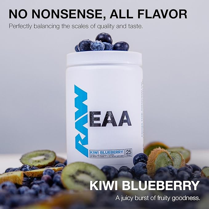 RAW EAA Amino Acids Powder, Kiwi Blueberry (25 Servings) - Pre Workout Amino Energy Powder for Strength, Endurance, Recovery & Lean Muscle Growth - BCAA Amino Acids Supplement for Men & Women