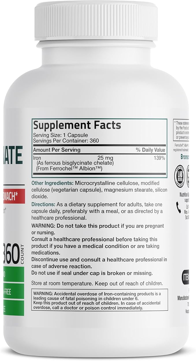 Bronson Iron Bisglycinate 25 mg Gentle on The Stomach, Supports Energy & Healthy Red Blood Cell Production - Non-Constipating Formula - Non GMO, 360 Vegetarian Capsules