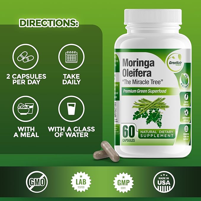 Pure Moringa Oleifera Green Superfood Capsules with Vitamin C, Omega 3 & Amino Acids - Boosts Energy, Mood, Memory, Immune Support - Made from Organic Moringa, Non-GMO - 60 Capsules (1 Bottle)