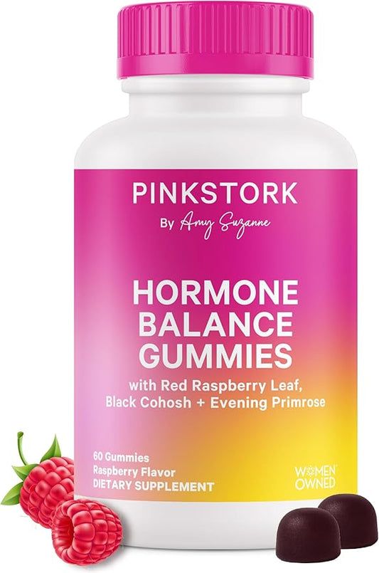 Pink Stork Hormone Balance Gummies for Women - Hormone Harmony for Mood, Energy, Bloating - Hormonal PMS, Perimenopause & Menopause Support - Red Raspberry Leaf & Black Cohosh - 60 Gummy Supplements
