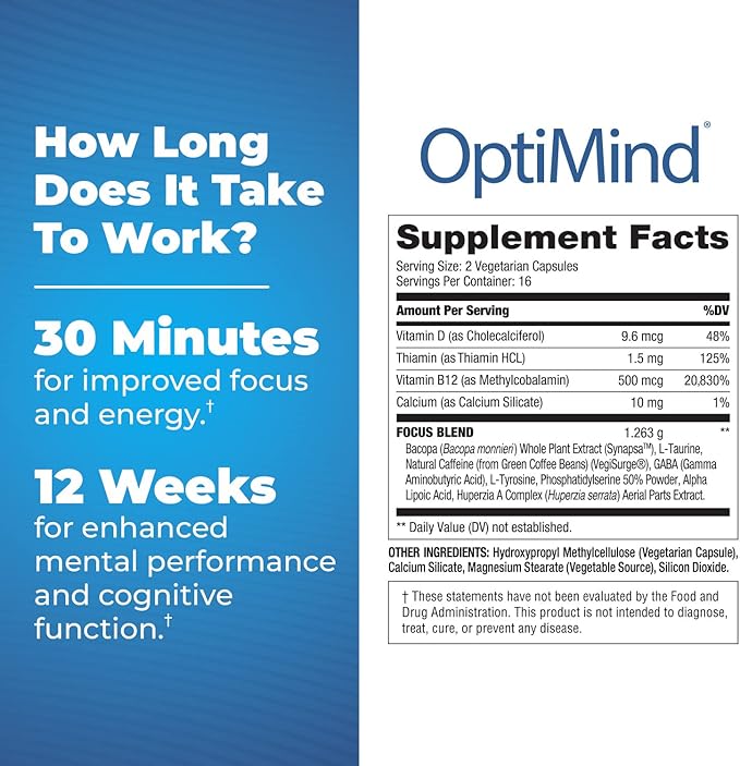 Optimind Nootropics Brain Booster Supplement | Enhance Focus and Cognition, Improve Retention, Sustain Energy | Clinically Studied Ingredients, Bacopa, Tyrosine, Huperzine A, GABA - 3 Bottle (96 Ct)
