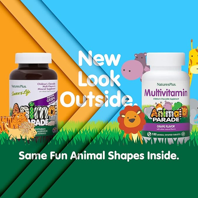 Natures Plus Animal Parade Children's Chewable Multivitamin - Grape Flavor - 180 Animal-Shaped Tablets, Pack of 2 - Promotes Health & Well-Being - Vegetarian, Gluten Free - 180 Total Servings