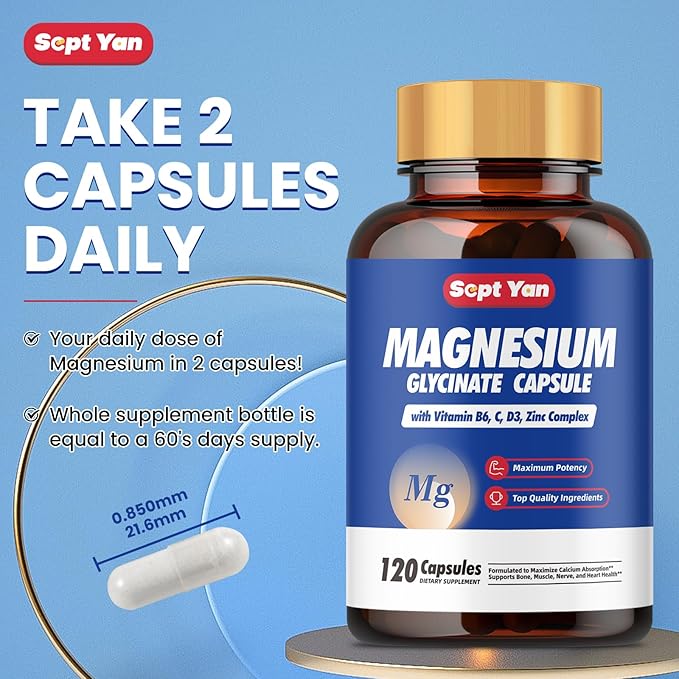 Magnesium Glycinate Capsules 500 mg - Magnesium Supplement with Potassium, Zinc, Vitamin C, D3, B6 - Support Proper Sleep & Rest - Maintain Muscle & Heart Health - 120 ct Easy to Swallow Vegan Pills