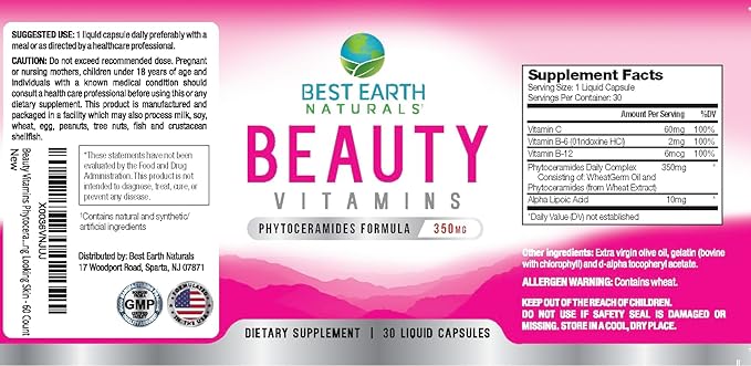 Best Earth Naturals Beauty Vitamins Phytoceramide Pills - Skin Hydrating Support Supplement with Alpha Lipoic Acid and More to Help Promote Hydrated Skin - 30 Count