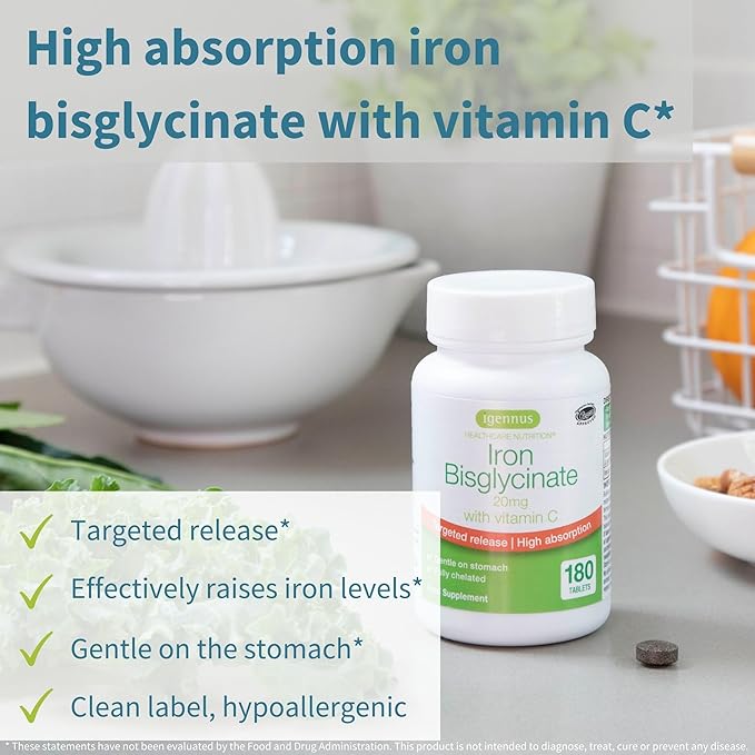 High Absorption Chelated Iron Bisglycinate 20mg with Vitamin C, 6 Month Supply, Iron, Gentle Formula, Clean Label & Targeted Release, for Women and Men, One Daily, Vegan, 180 Tablets, by Igennus