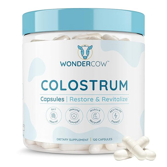 WONDERCOW Colostrum Capsules Supplement for Gut Health, Immune Support, Muscle Recovery & Wellness | Natural IgG Pure Whole Bovine Colostrum Superfood, Unflavored, 30 Servings