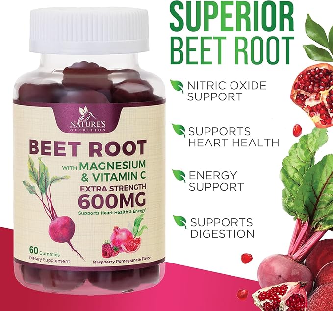 Beet Root Supplement Gummies with Vitamic C & Magnesium - Energy Heart Health Support, Supports Nitric Oxide Production - Gluten Free, Non-GMO Beets Root Gummy - Pomegranate Berry Flavor - 60 Gummies