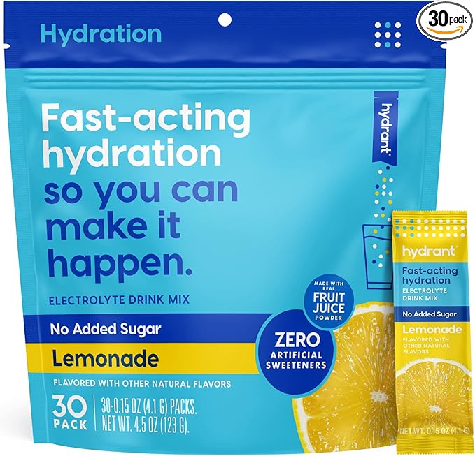 Hydrant Hydrate No Added Sugar, Individual Hydration Electrolye Powder Stick Packets with Zero Sugar and FSA & HSA Eligibility (Lemonade, 30 Count)