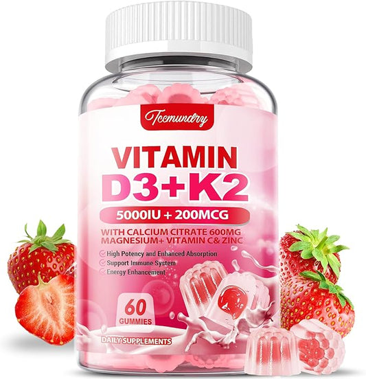 Vitamin D3 K2 Supplement for Adults - Vitamin D3 5000 IU + K2 200 mcg - VIT D3 K2 Gummies with Calcium 600mg Magnesium Zinc & Vitamin C for Women Men - Supports B0ne, Muscle Immune
