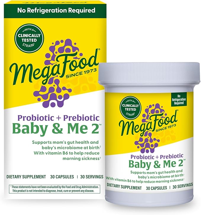 MegaFood Baby & Me 2 Prenatal Probiotic - Vegetarian Pregnancy Prebiotics and Probiotics for Women, Digestive Health & Immune Support with Vitamin B6 for Morning Sickness Relief - 30 Capsules