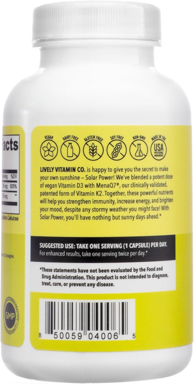 LIVELY VITAMIN CO. Solar Power Vitamin D3 5000 iu - Patented Vitamin K - MK7 - Immune Balance - Brain Function - Mood - Heart - Stress - 60 Count