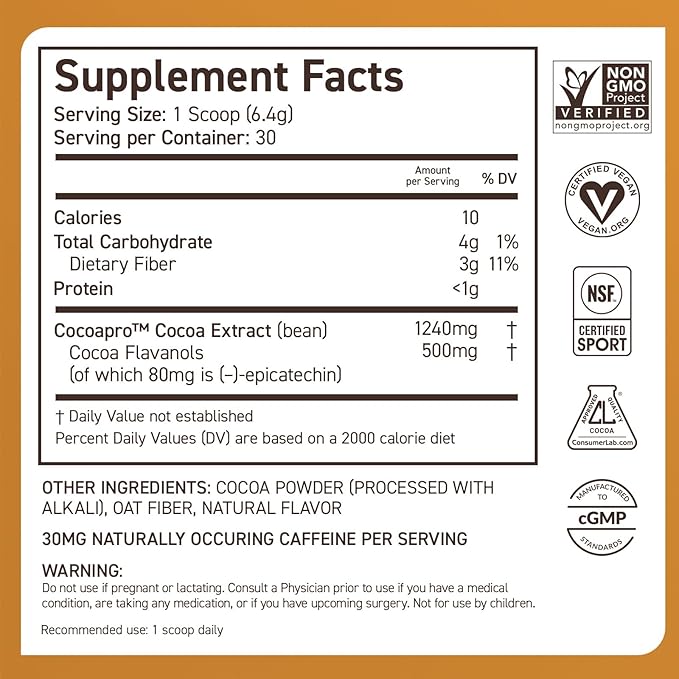 CocoaVia Cardio Health Cocoa Powder, 60 Servings, 500mg Cocoa Flavanols, Support Heart Health, Boost Nitric Oxide, Improve Circulation, Energy, Preworkout, Vegan, Dark Chocolate Cacao