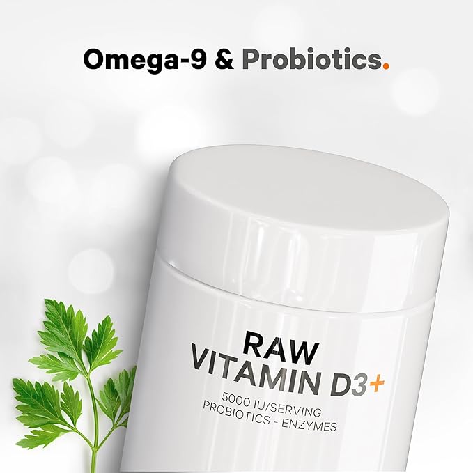 Codeage Raw Vitamin D3+ High Potency 5000 IU Supplement From Saccharomyces Cerevisiae - Raw Vitamin Enhanced with Omega-9, Probiotics, Digestive Enzymes, Fruits & Greens - 2-Month Supply - 60 Capsules
