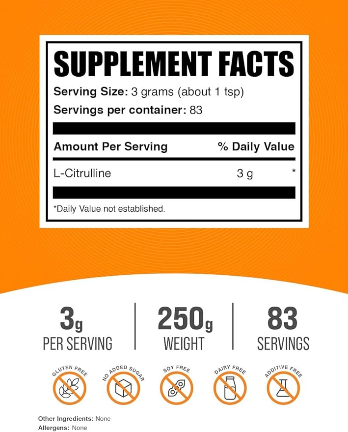 BulkSupplements.com L-Citrulline Powder - Citrulline Supplement, Citrulline Powder - L-Citrulline 3000mg, Unflavored & Gluten Free - 3g per Servings, 250g (8.8 oz) (Pack of 1)