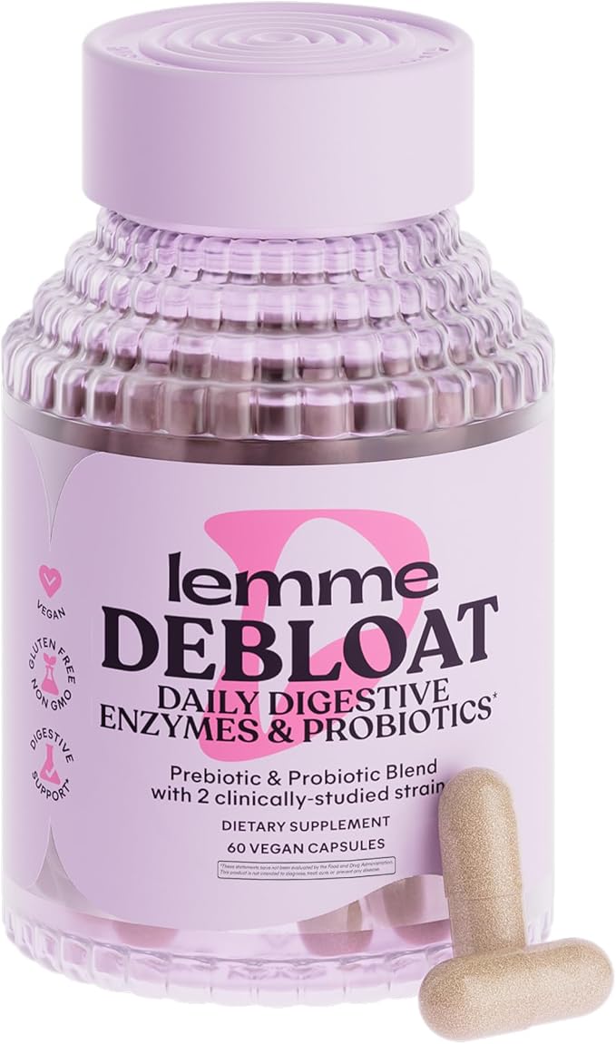 Lemme Debloat 3-in-1 Prebiotic, Probiotic & Digestive Enzyme Capsules for Bloating & Gas Relief - 2 Clinically Studied Probiotics w/5 Digestive Enzymes to Improve Digestion, Women & Men, Vegan, 60 ct