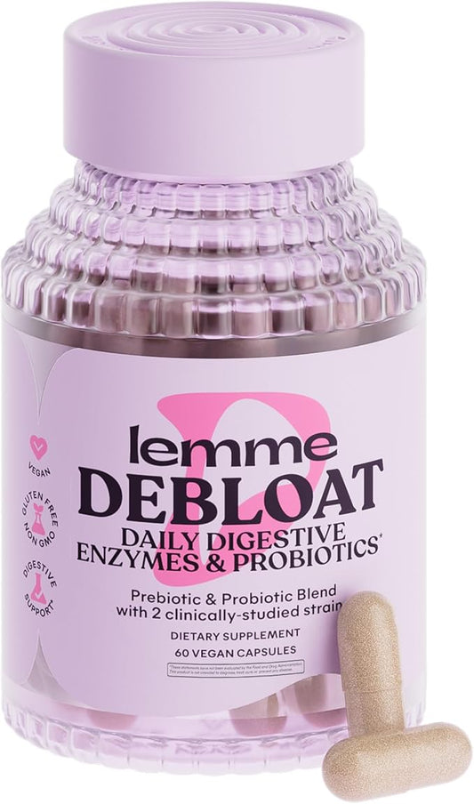 Lemme Debloat 3-in-1 Prebiotic, Probiotic & Digestive Enzyme Capsules for Bloating & Gas Relief - 2 Clinically Studied Probiotics w/5 Digestive Enzymes to Improve Digestion, Women & Men, Vegan, 60 ct