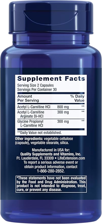 Life Extension Optimized Carnitine, Three Forms of L-carnitine, Promotes Heart & Brain Health, Gluten Free, Non-GMO, Vegetarian, 60 Capsules