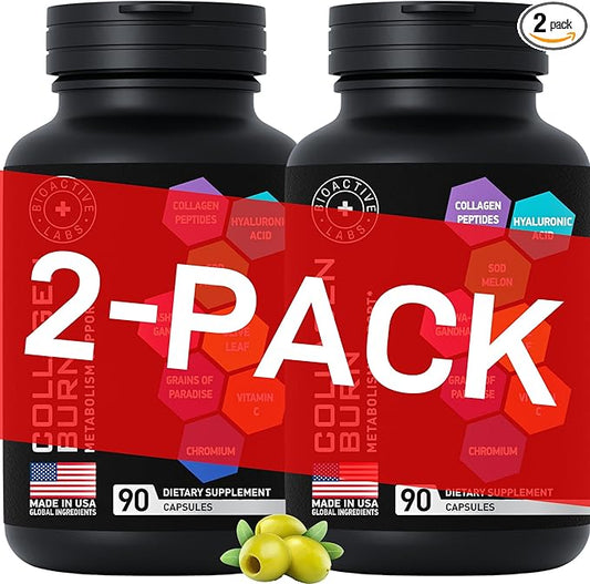 Thermogenic Multi Collagen Burn Capsules - Hydrolyzed Collagen Peptides Plus Hyaluronic Acid - Advanced Collagen Complex Type I, II, III, V, X Collagen for Cellulite - 2-Pack, 180 Collagenic Burn Caps