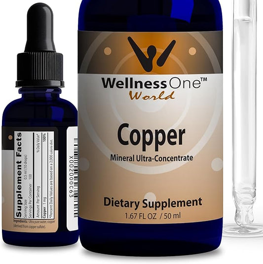 WellnessOne Liquid Copper Supplements - Immune Support Copper Sulfate Also Great for Joint, Nerve & Bone Health - Copper Supplement Drops Maximizes Iron Absorption for Kids, Men & Women - 1.67 fl oz