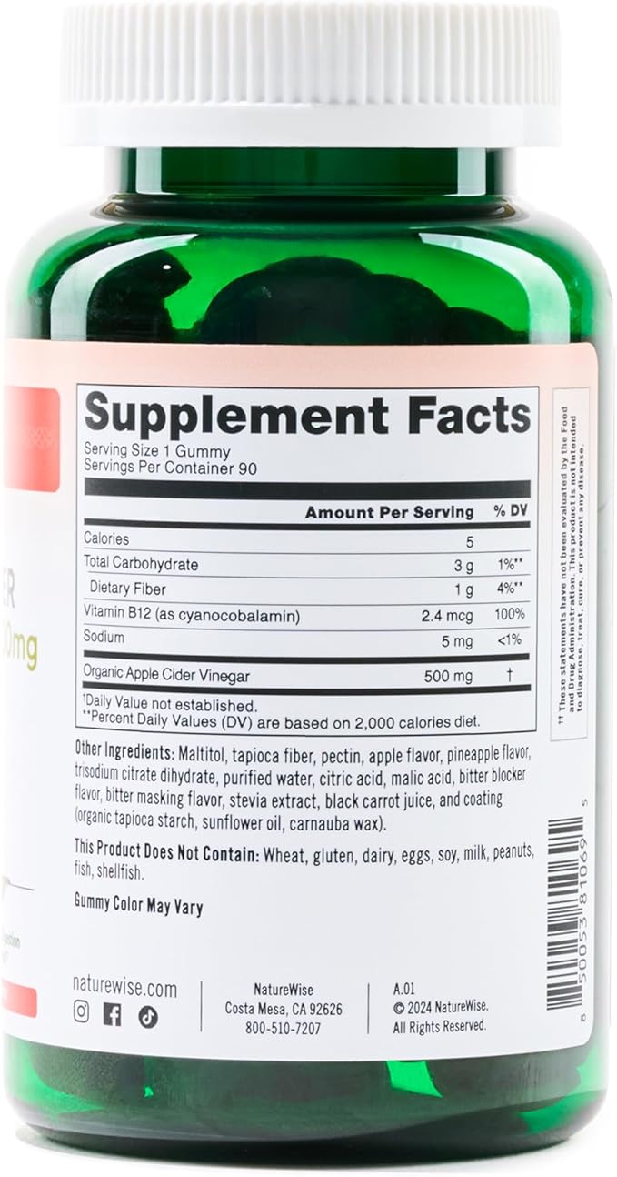 NatureWise Apple Cider Vinegar ACV Gummies - 1000mg ACV per 2, Sugar Free, Vegan - Energy & Gut Health - ACV Gummies W/Vitamin B12-90 Gummies[1.5-Month Supply for 1000mg / 3-Month Supply for 500mg]