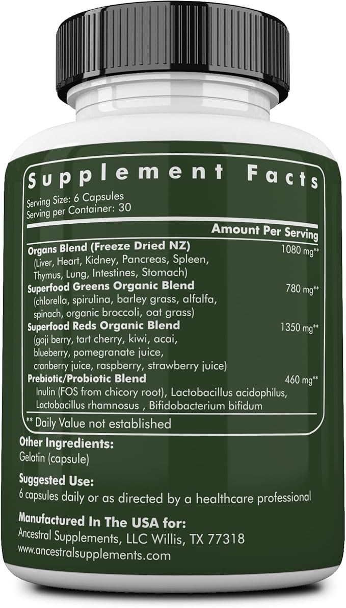 Ancestral Supplements Greens Powder Capsules, Organic Superfood Greens & Reds Blend with Spirulina, Chlorella, Grass Fed Beef Organs, and Probiotics for Gut Health, Non GMO, 615mg Each, 180 Count