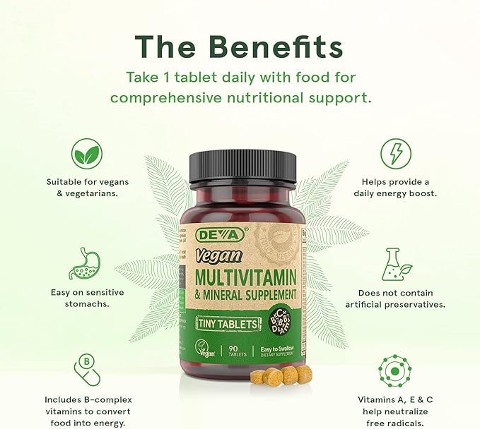 DEVA Tiny Tablets Vegan Multivitamins for Women & Men, Multivitamin with Iron, Mineral Supplement, Vitamin C, Vitamin B Complex, Vitamin B12, Vitamin E, Zinc, Gluten Free, 90 Tablets (Pack of 2)