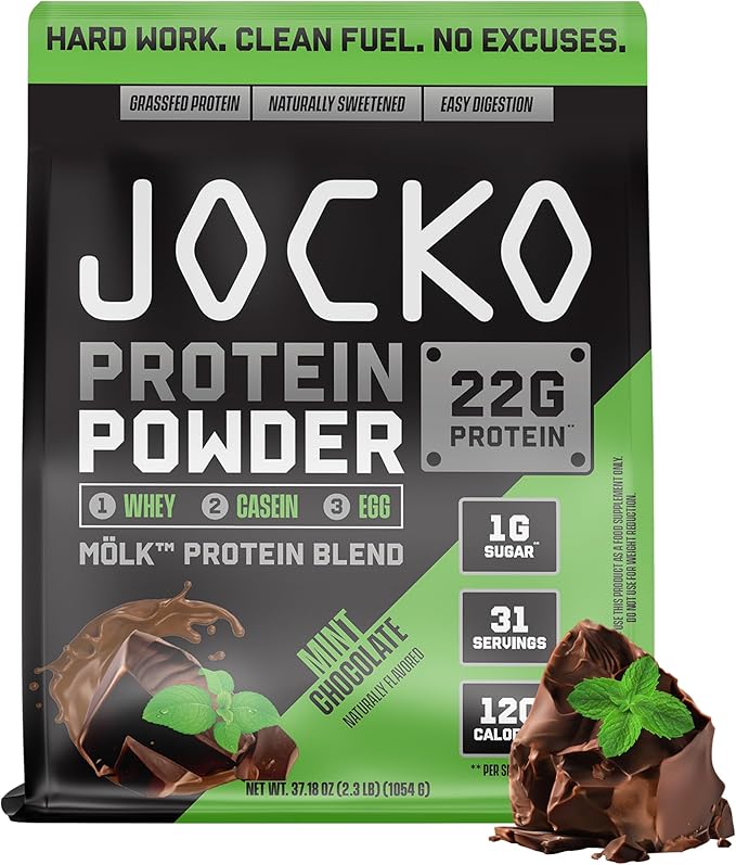 Jocko Mölk Whey Protein Powder 22g Sugar Free Monk Fruit Blend - Muscle Recovery & Growth, Packaging May Vary (31 Servings, Mint Chocolate)