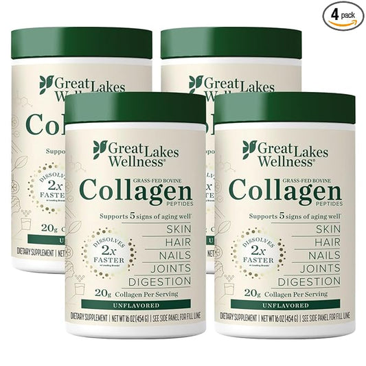 Great Lakes Wellness Collagen Peptides Powder for Skin, Hair, Nails, Joints & Digestion - Unflavored - Quick Dissolve Hydrolyzed, Non-GMO, Keto, Kosher - 16oz - 4 Pack - Packaging May Vary