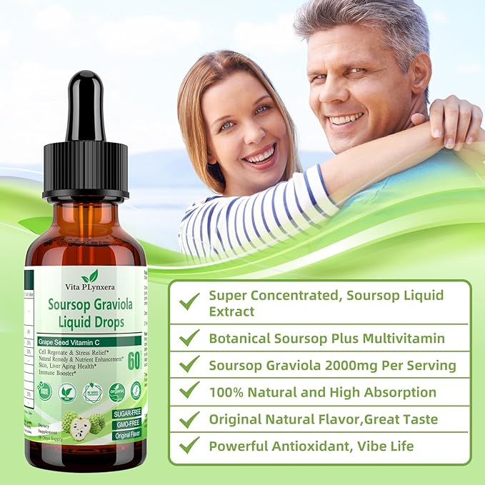 Soursop Graviola Liquid Drops, Soursop Extract Multivitamin Drops w. Sea Moss, Grape Seed, Super Concentrated Unrefined Soursop Oil Organic for Skin Immune Boost Detox, Soursop Bitters Liquid 2 Fl/Oz