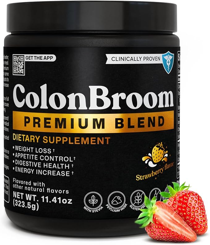 ColonBroom Premium Weight Management Supplement (Strawberry) - Colon Broom Psyllium Husk Fiber Powder Drink - Gluten Free, Non-GMO Colon Cleanse for Bloating Relief & Gut Health, 50 Servings