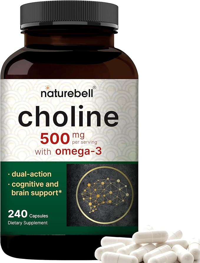 Choline Supplements 500mg with Omega-3 Fatty Acids, 240 Capsules | High Potency Choline Bitartrate – Prenatal Support During Pregnancy – Promotes Energy, Liver, Brain, & Cognitive Health
