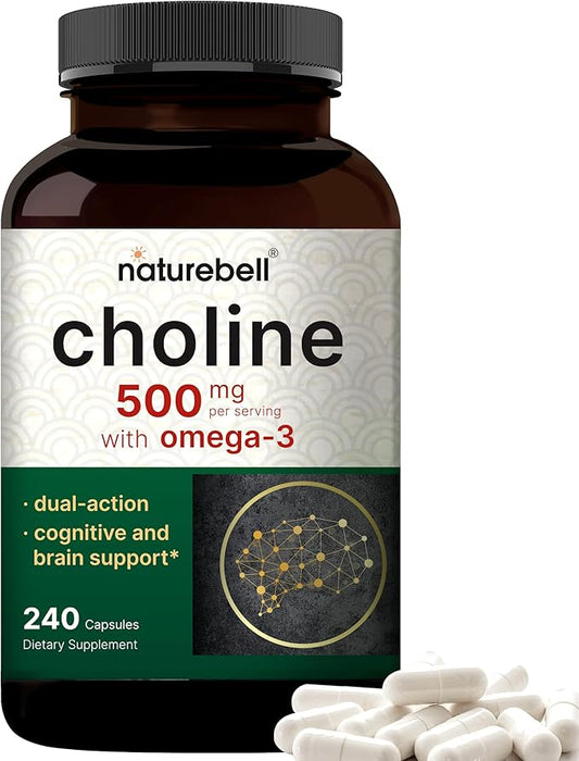 Choline Supplements 500mg with Omega-3 Fatty Acids, 240 Capsules | High Potency Choline Bitartrate – Prenatal Support During Pregnancy – Promotes Energy, Liver, Brain, & Cognitive Health