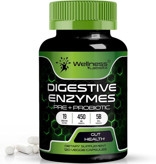 Digestive Enzymes with Probiotics and Prebiotics - 450mg - 5 Billion CFUs - Pure Super Enzymes for Digestion Capsules - Digestive Enzymes for Women & Men Support Digestive & Gut Health - 120 Count