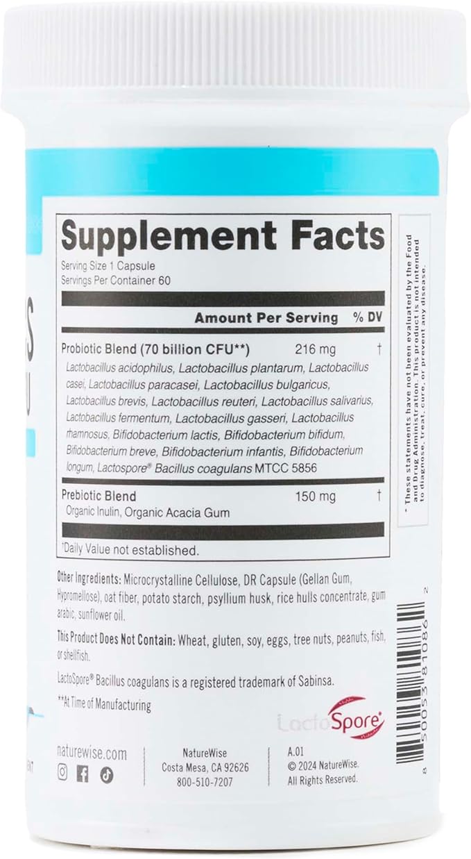 NatureWise Probiotics 70 Billion CFU - 17 Strains + Organic Prebiotics - Immune, Digestive & Gut Health Support for Women & Men - Vegetarian, Gluten-Free, Non-GMO - 60 Capsules[2-Month Supply]