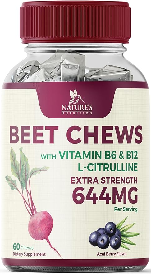 Beet Chews - Soft Beet Root Chewables with Grape Seed Extract Supports Heart Health & Energy with Powerful Antioxidants - Nature's Beetroot Nitric Oxide Supplement, Berry Flavor - 60 Vegan Soft Chews
