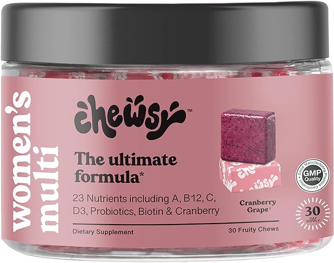 Chewsy Women's Multivitamin Chews, Immune & Energy Support, Vitamins C, B12, A, D, E, Folic Acid, Probiotics, Biotin, Cranberry, Adult Chewable Vitamin, Individually Wrapped Fruity Chews,30-Day Supply